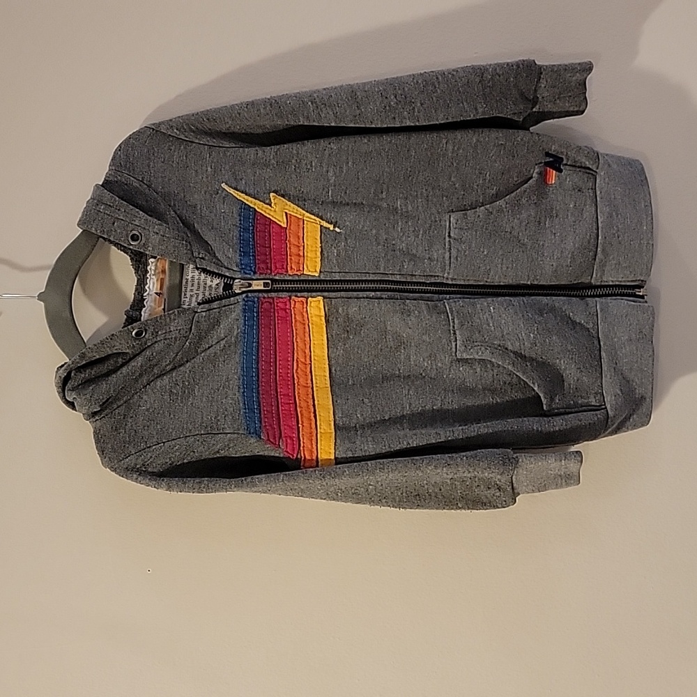 Rare Aviator Nation Kids Size 4 retro stripe with lightening bolt grey hoodie - Picture 2 of 5